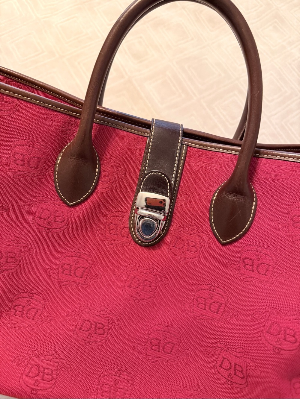 Dooney & Bourke Red Tote with Brown Leather Trim and Pouch - Picture 3 of 11